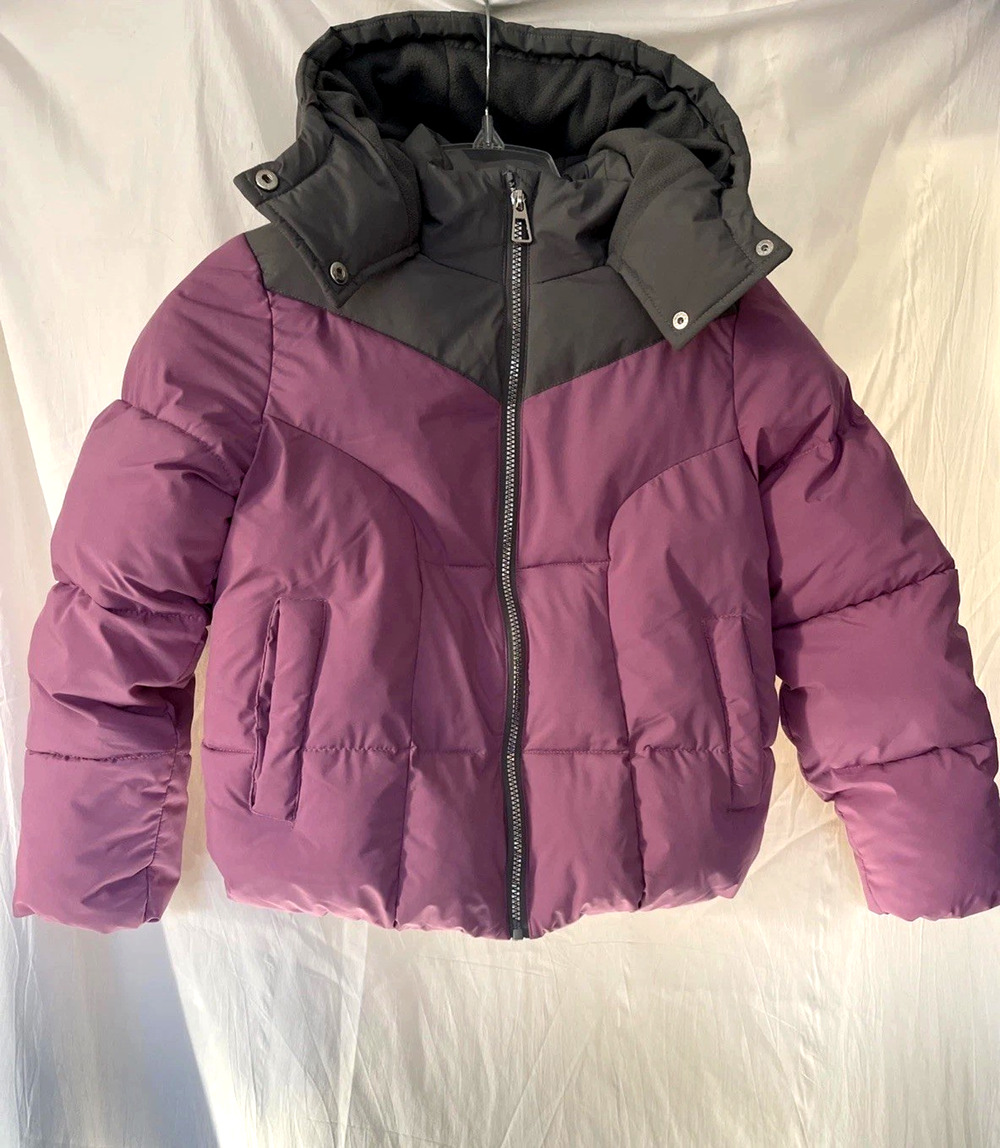 Sam Edelman Puffer Coat Jacket Girls 10/12 Pink Gray Hood Lined Full Zip Outdoor